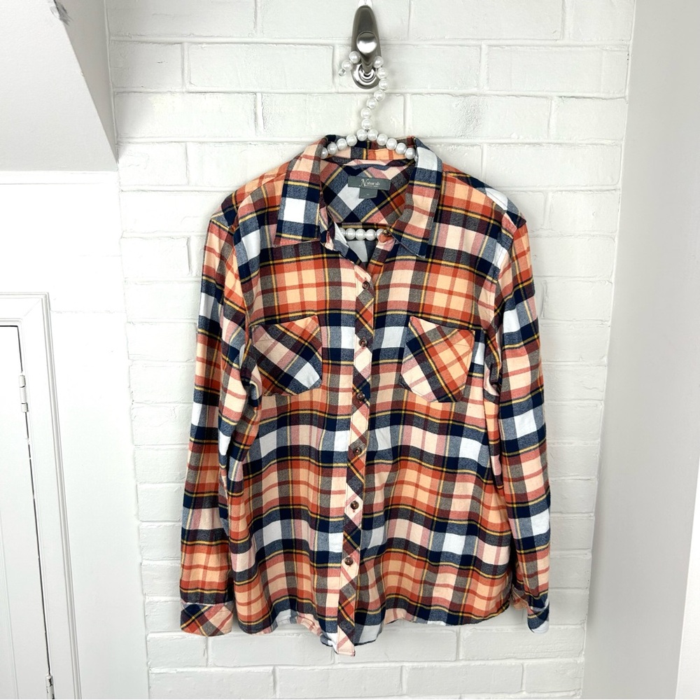 Natural Reflections Orange Plaid Cotton Flannel Button Down Shirt Size XL